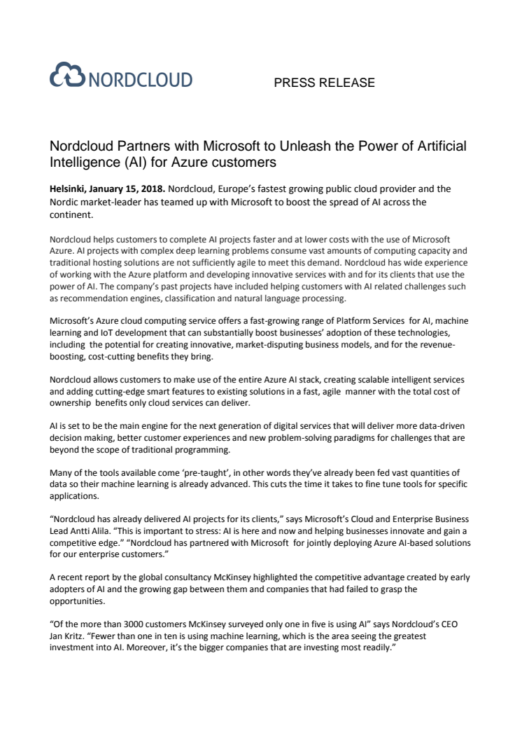 Nordcloud Partners with Microsoft to Unleash the Power of Artificial Intelligence (AI) for Azure customers