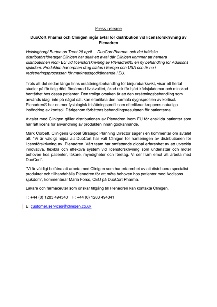 DuoCort Pharma och Clinigen ingår avtal för distribution vid licensförskrivning av Plenadren