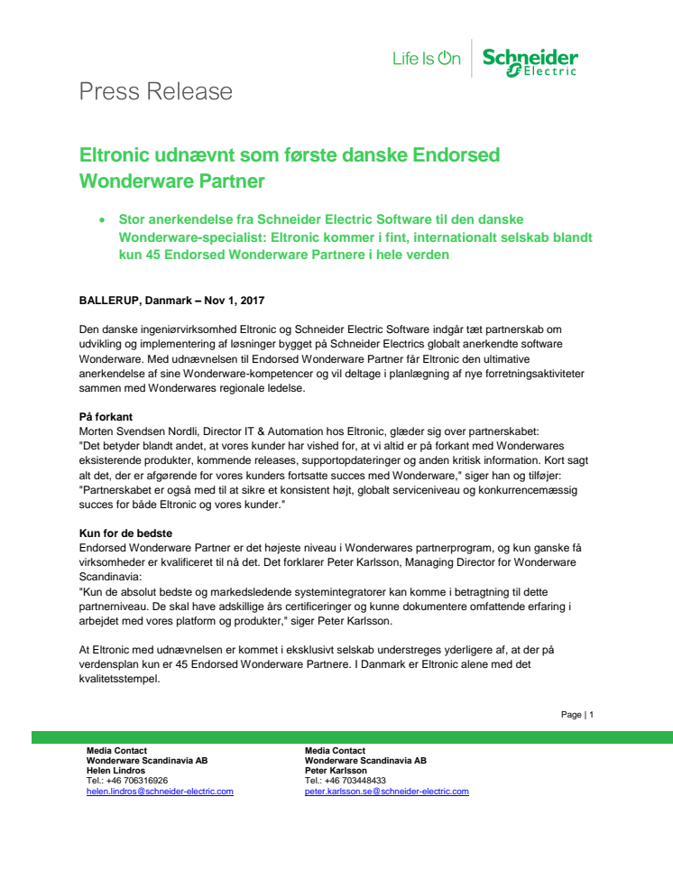 Eltronic udnævnt som første danske Endorsed Wonderware Partner
