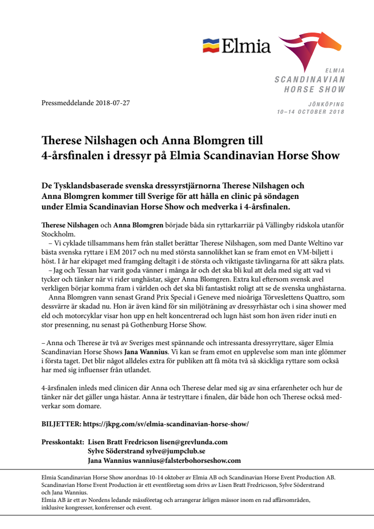 Therese Nilshagen och Anna Blomgren till 4-årsfinalen i dressyr på Elmia Scandinavian Horse Show