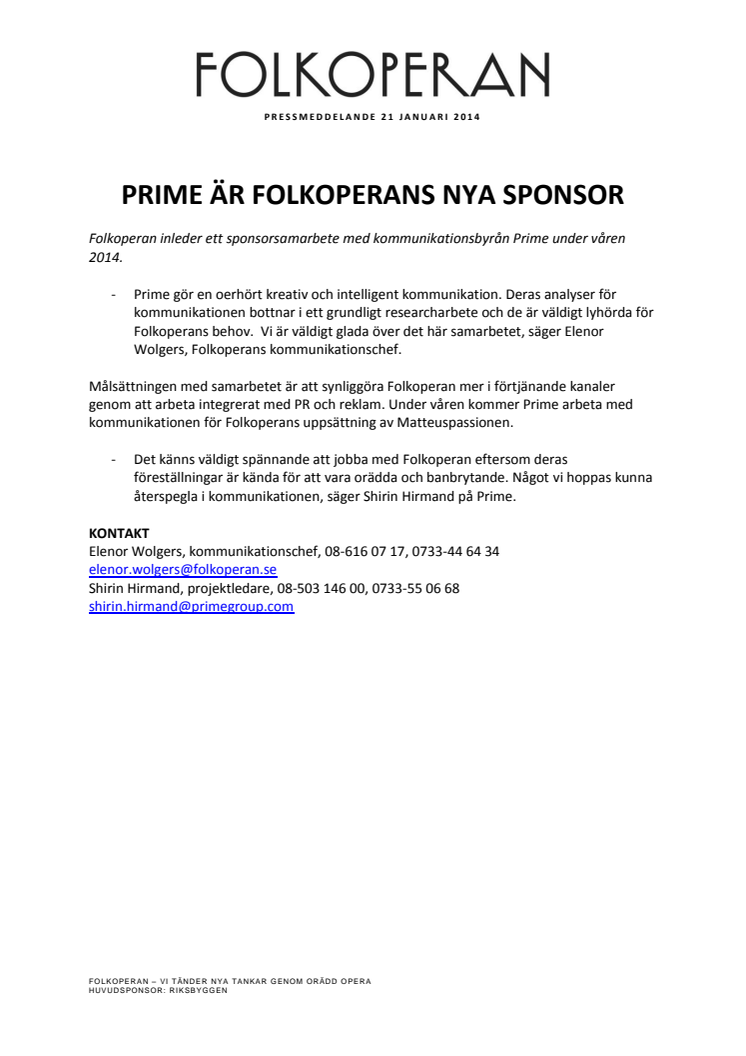 Prime är Folkoperans nya sponsor