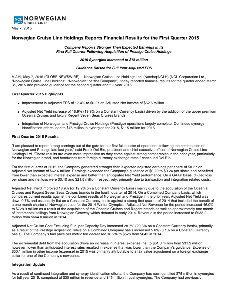 Norwegian Cruise Line Holdings Reports Financial Results for the First Quarter 2015