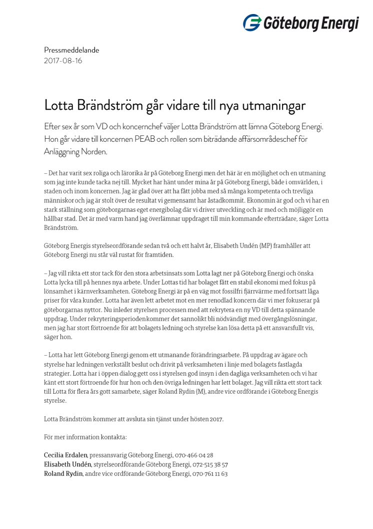 Lotta Brändström går vidare till nya utmaningar