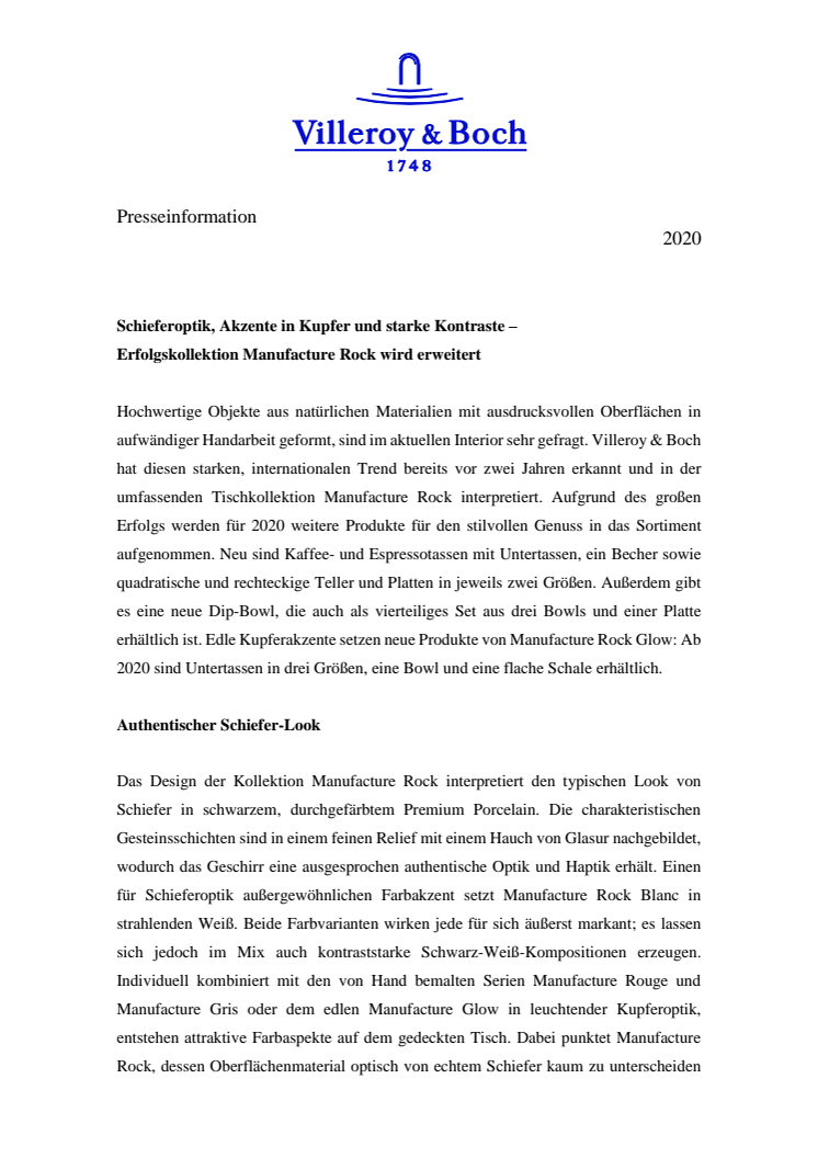 Schieferoptik, Akzente in Kupfer und starke Kontraste – Erfolgskollektion Manufacture Rock wird erweitert
