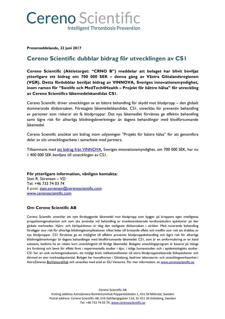 Cereno Scientific dubblar bidrag för utvecklingen av CS1 