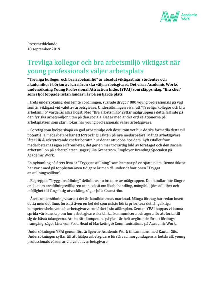 Trevliga kollegor och bra arbetsmiljö viktigast när young professionals väljer arbetsplats