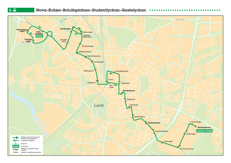 Stadsbuss linje 5 i Lund_tidtabell och linjesträckning t.o.m 150815