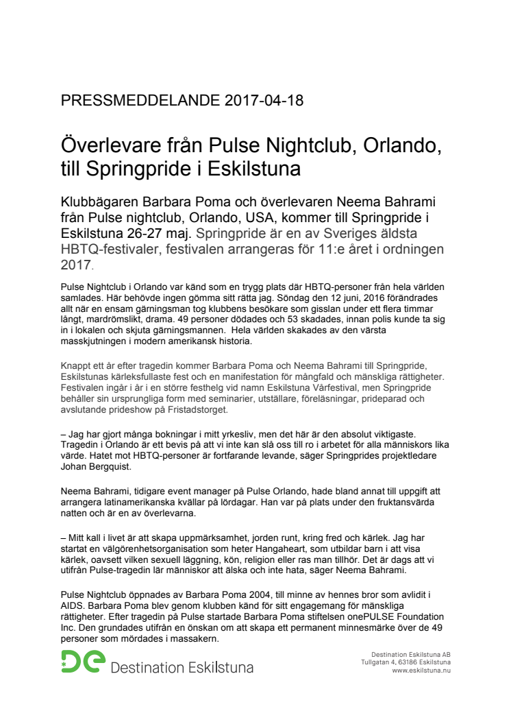 Överlevare från Pulse Nightclub, Orlando, till Springpride i Eskilstuna