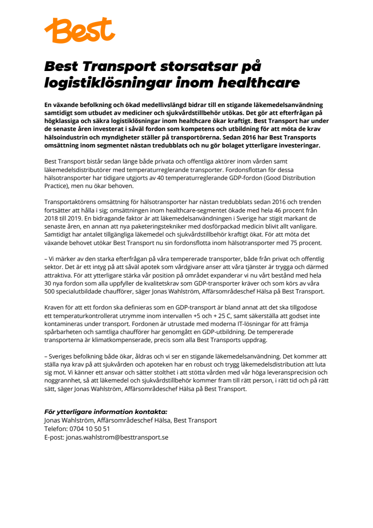 Best Transport storsatsar på logistiklösningar inom healthcare