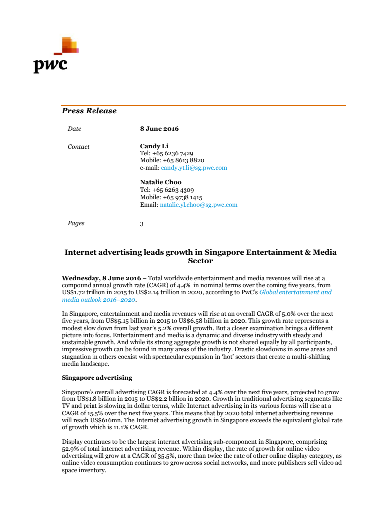 Internet advertising leads growth in Singapore Entertainment & Media Sector