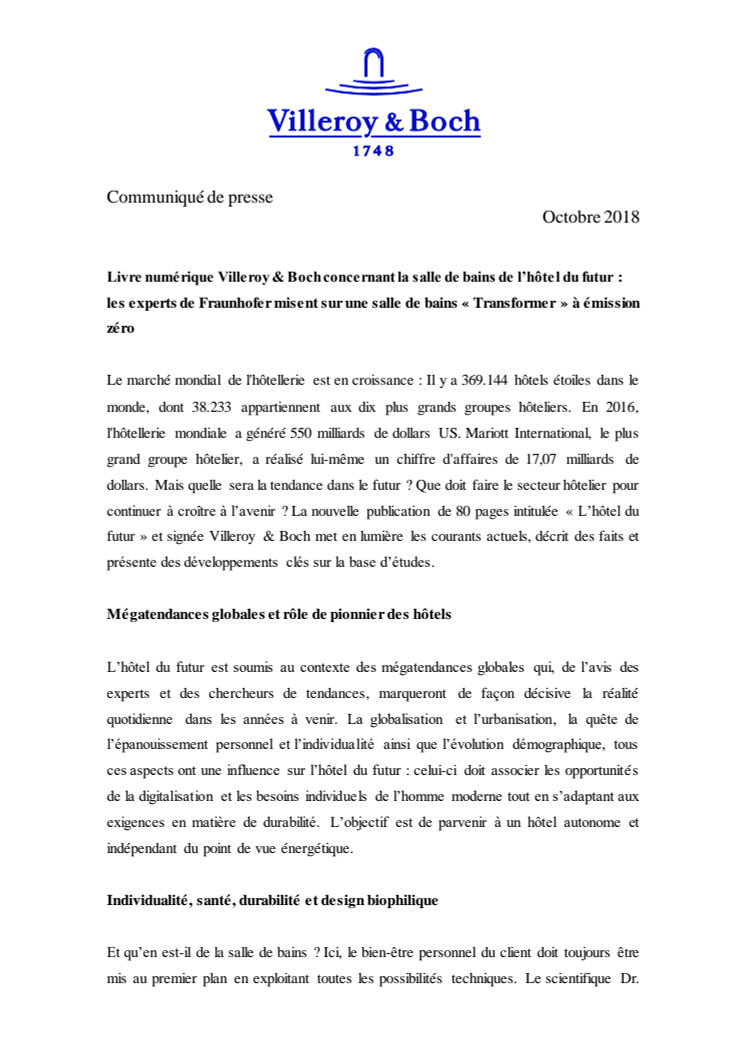 Livre numérique Villeroy & Boch concernant la salle de bains de l’hôtel du futur : les experts de Fraunhofer misent sur une salle de bains « Transformer » à émission zéro