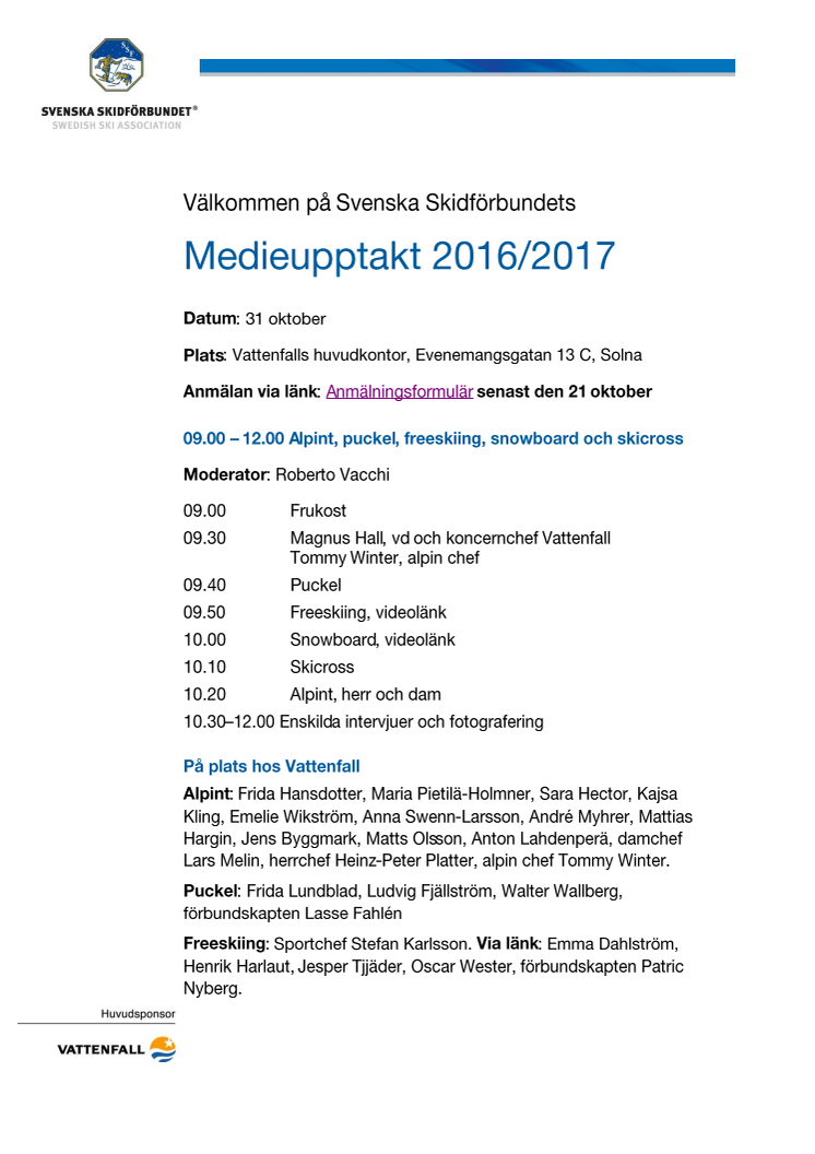 Inbjudan till Svenska Skidförbundets medieupptakt 2016/2017