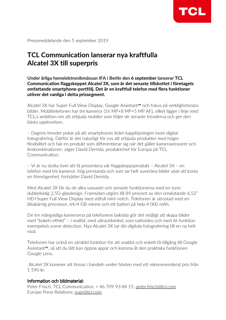 TCL Communication lanserar nya kraftfulla  Alcatel 3X till superpris