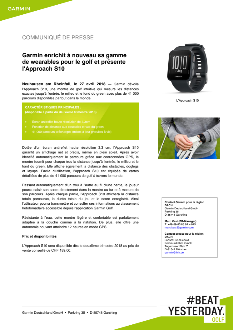 Garmin enrichit à nouveau sa gamme de wearables pour le golf et présente l'Approach S10