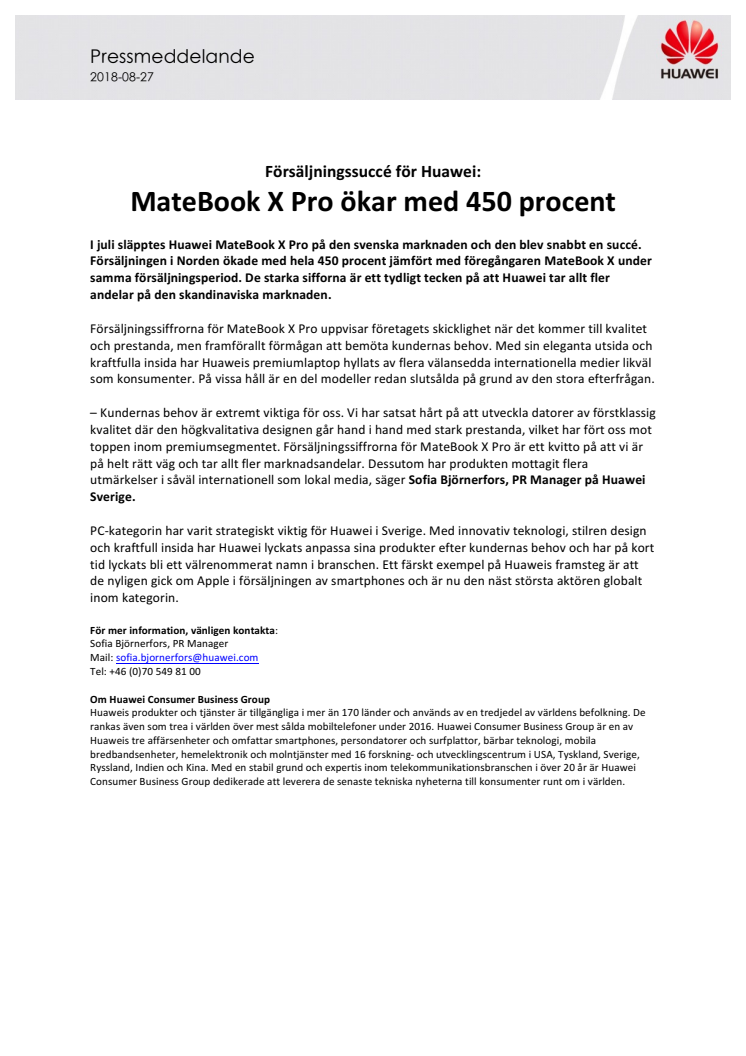 Försäljningssuccé för Huawei:  MateBook X Pro ökar med 450 procent