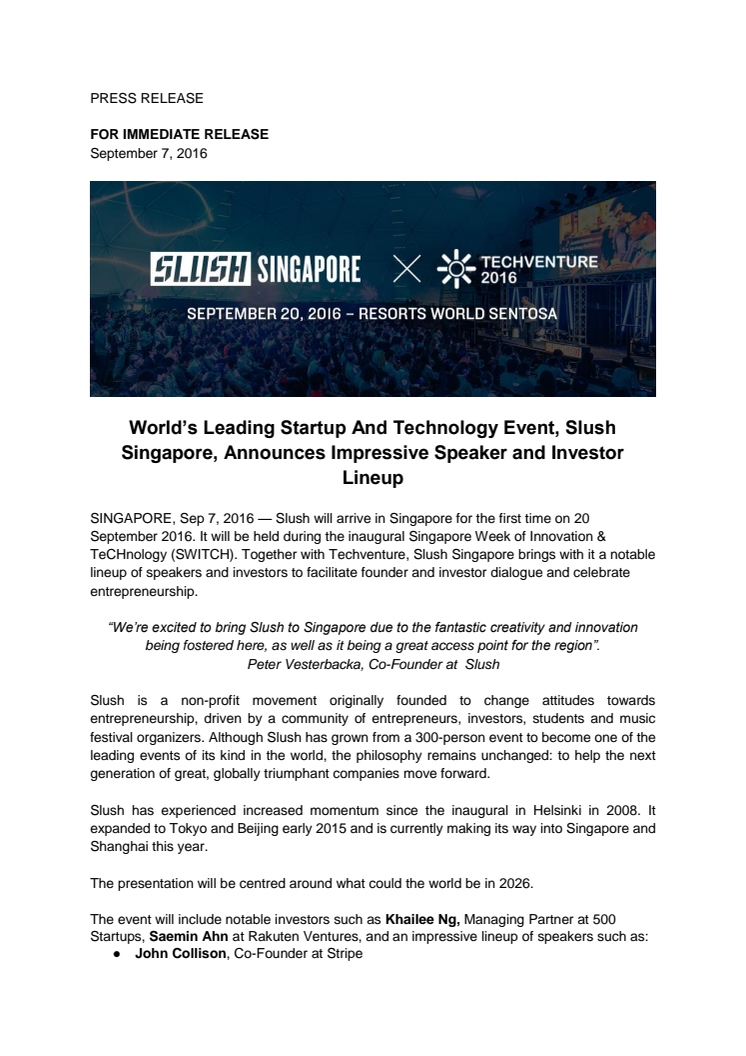 World’s Leading Startup And Technology Event, Slush Singapore, Announces Impressive Speaker and Investor Lineup