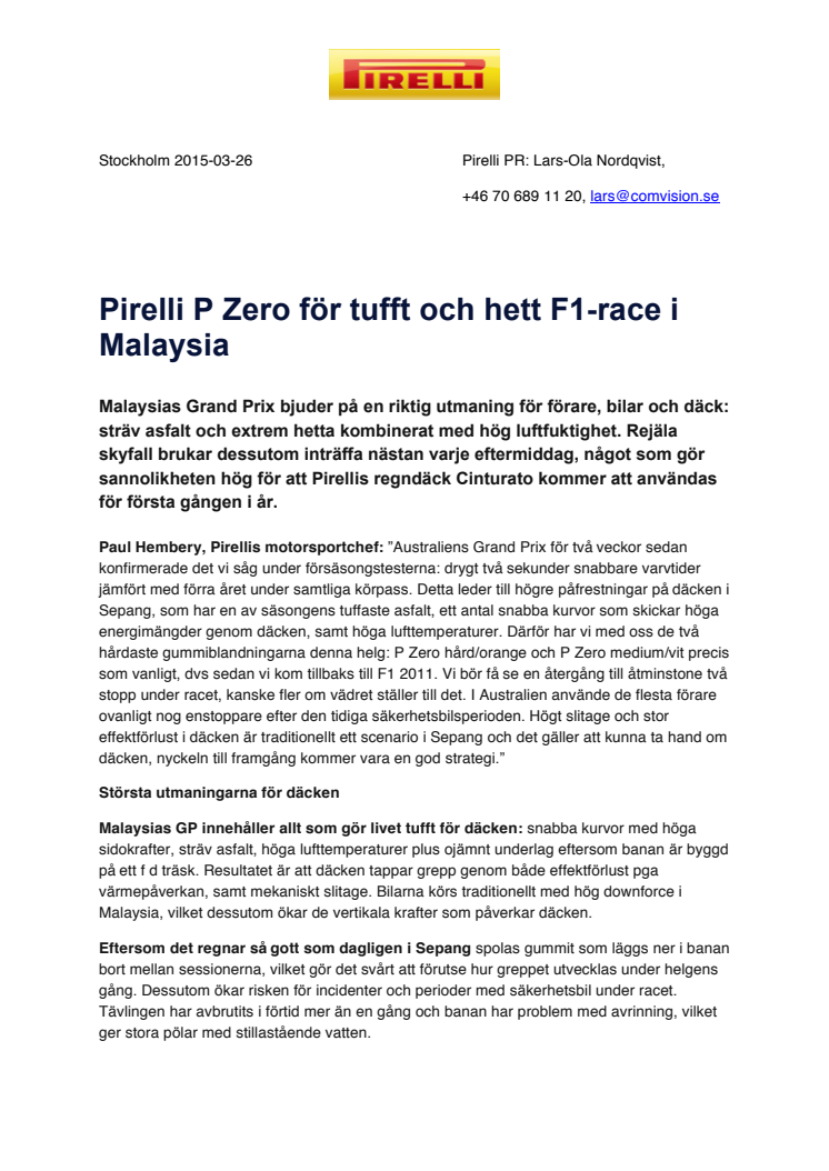 Pirelli ​P Zero för tufft och hett F1-race i Malaysia