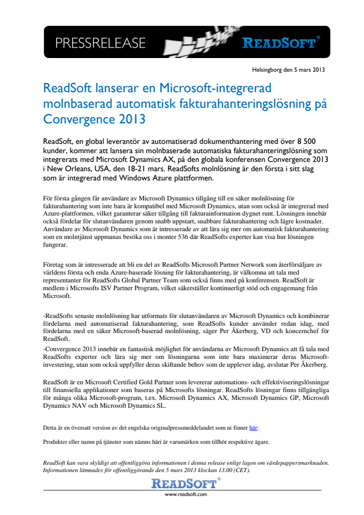 ReadSoft lanserar en Microsoft-integrerad molnbaserad automatisk fakturahanteringslösning på Convergence 2013