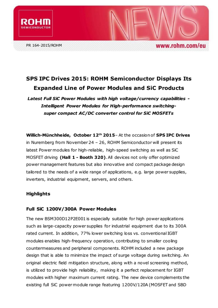 SPS IPC Drives 2015: ROHM Semiconductor Displays Power and Drive products