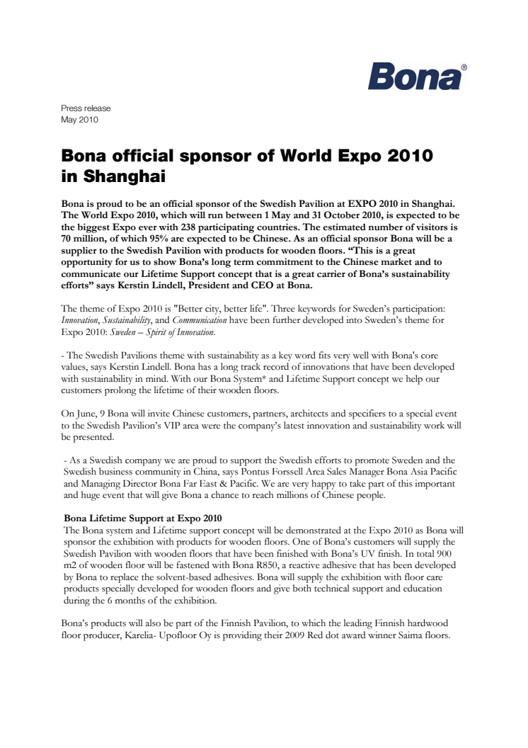 Bona official sponsor of World Expo 2010 