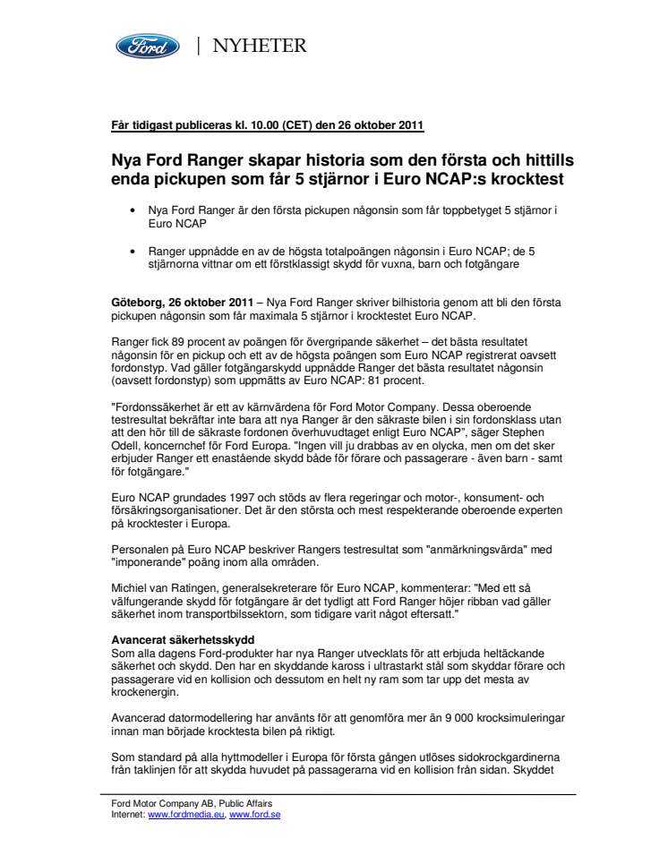 Nya Ford Ranger skapar historia som den första och hittills enda pickupen som får 5 stjärnor i Euro NCAP:s krocktest