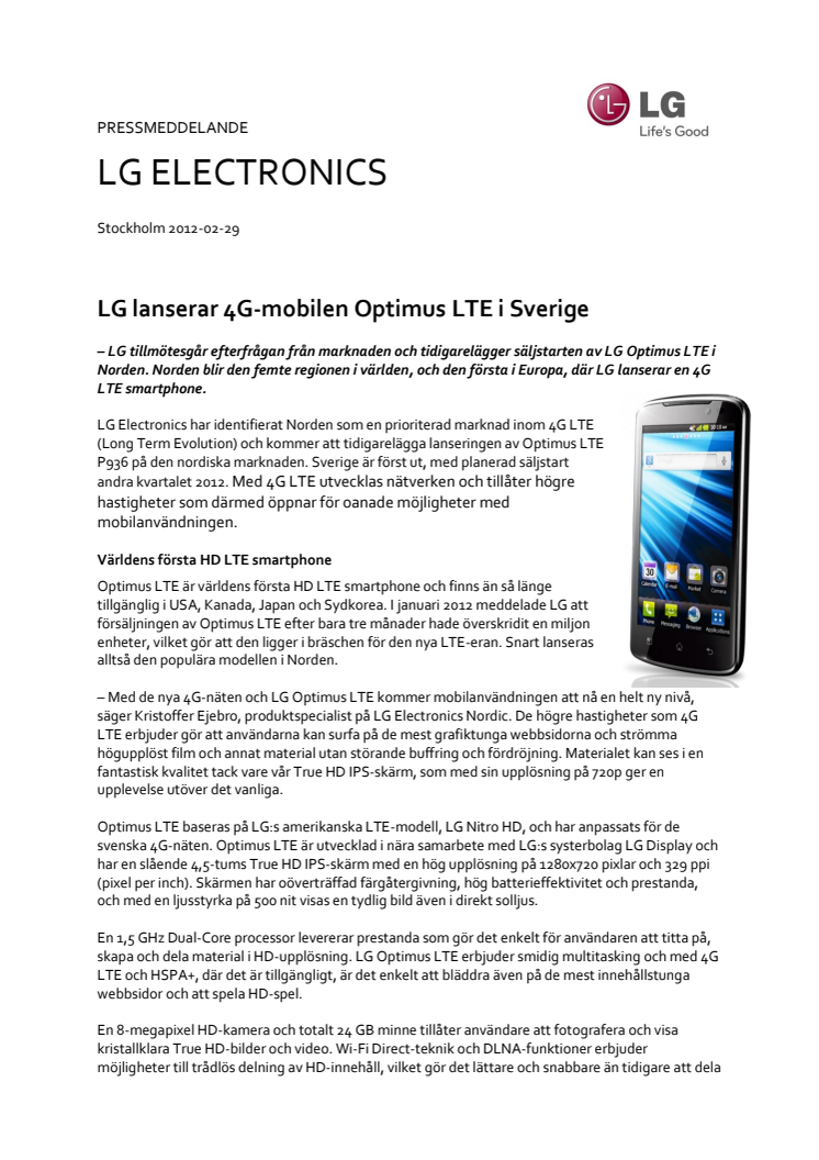 LG lanserar 4G-mobilen Optimus LTE i Sverige