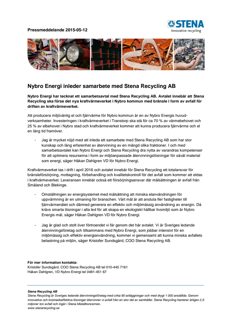 Nybro Energi inleder samarbete med Stena Recycling AB