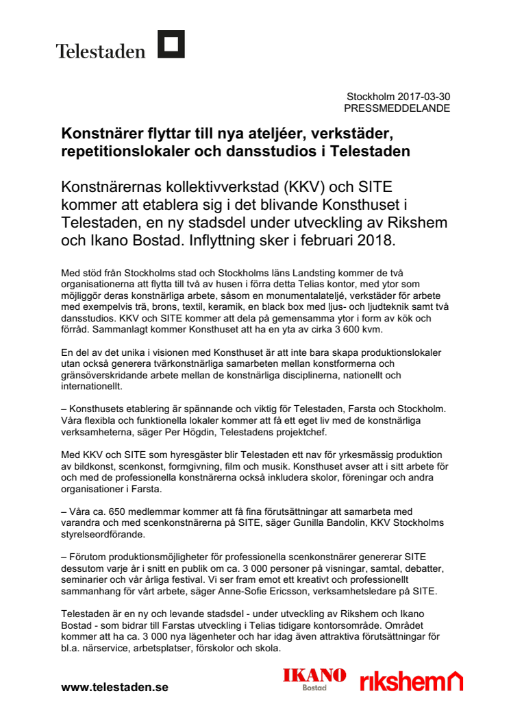 Konstnärer flyttar till nya ateljéer, verkstäder, repetitionslokaler och dansstudios i Telestaden