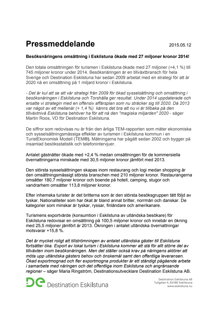 Besöksnäringens omsättning i Eskilstuna ökade med 27 miljoner kronor 2014!