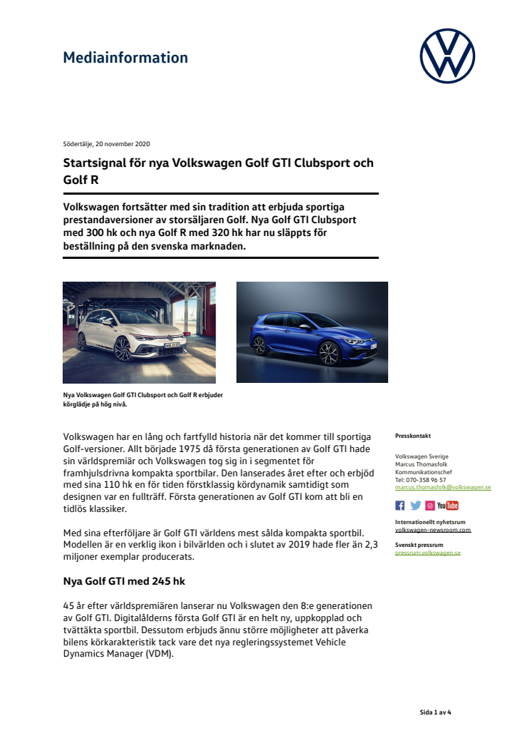 Startsignal för nya Volkswagen Golf GTI Clubsport och Golf R