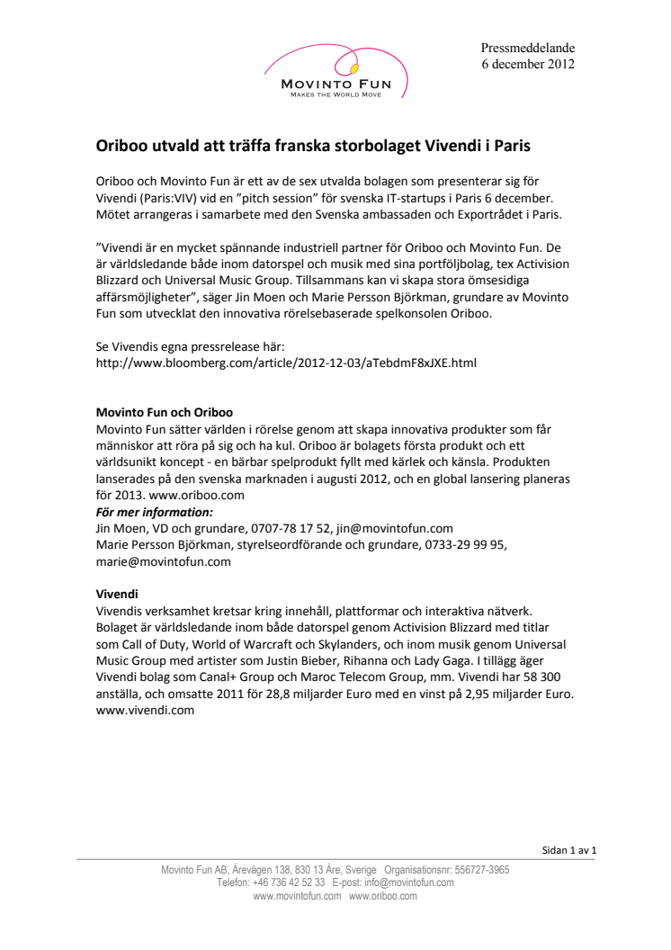 Svenska spelkonsolen Oriboo utvald att träffa franska storbolaget Vivendi i Paris