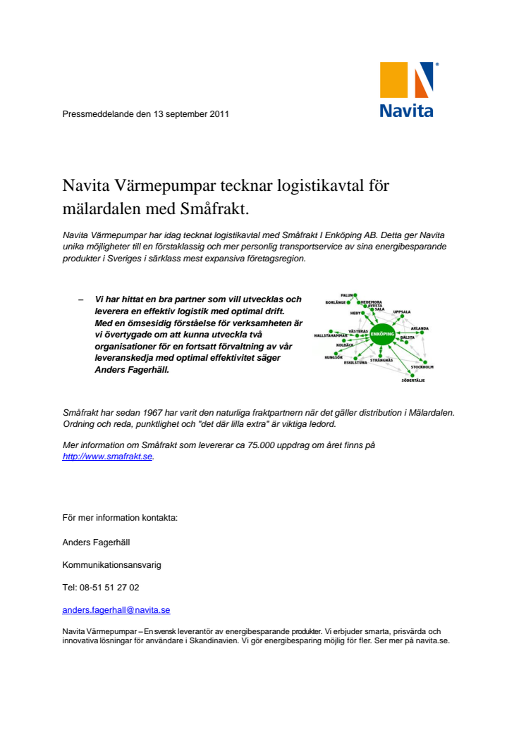 Navita Värmepumpar tecknar logistikavtal för mälardalen med Småfrakt.