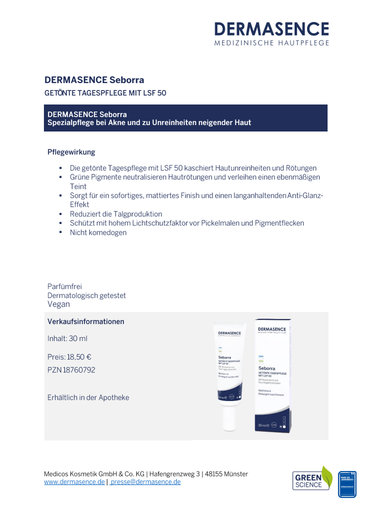 Factsheet DE: DERMASENCE Seborra Getönte Tagespflege mit LSF 50