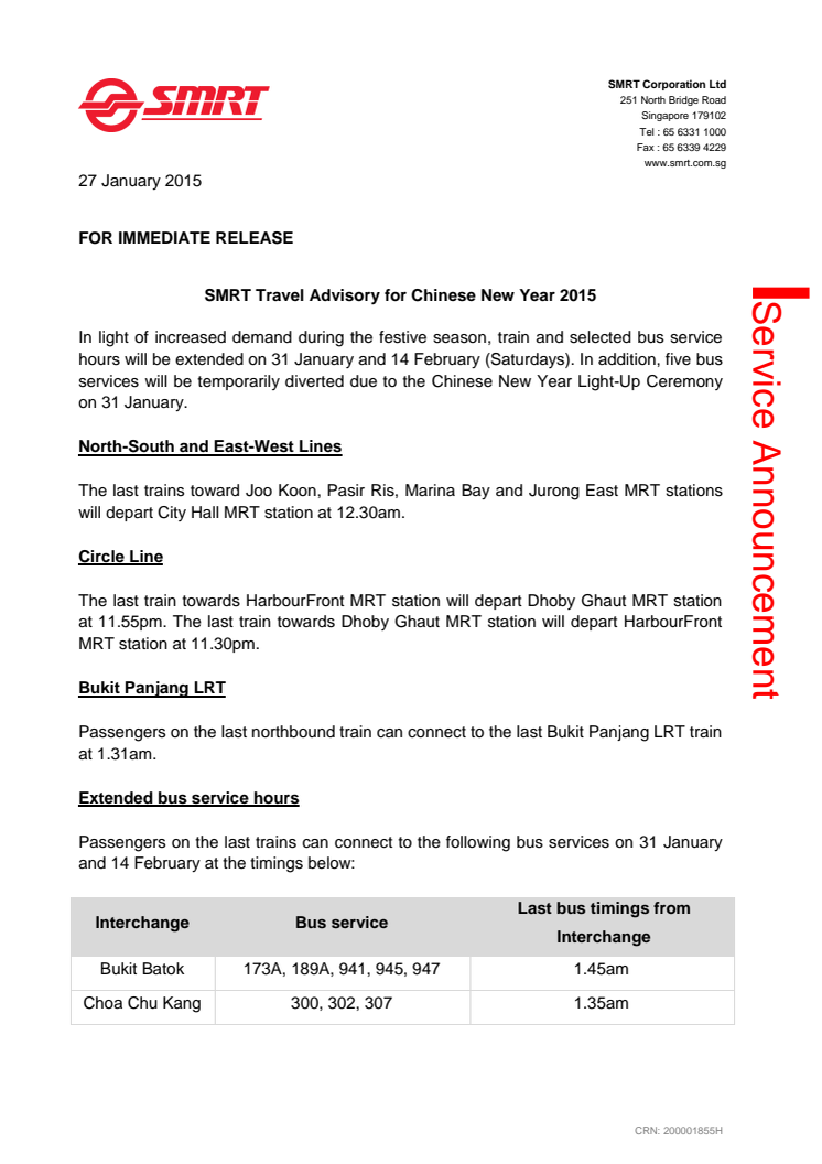 SMRT Travel Advisory for Chinese New Year 2015