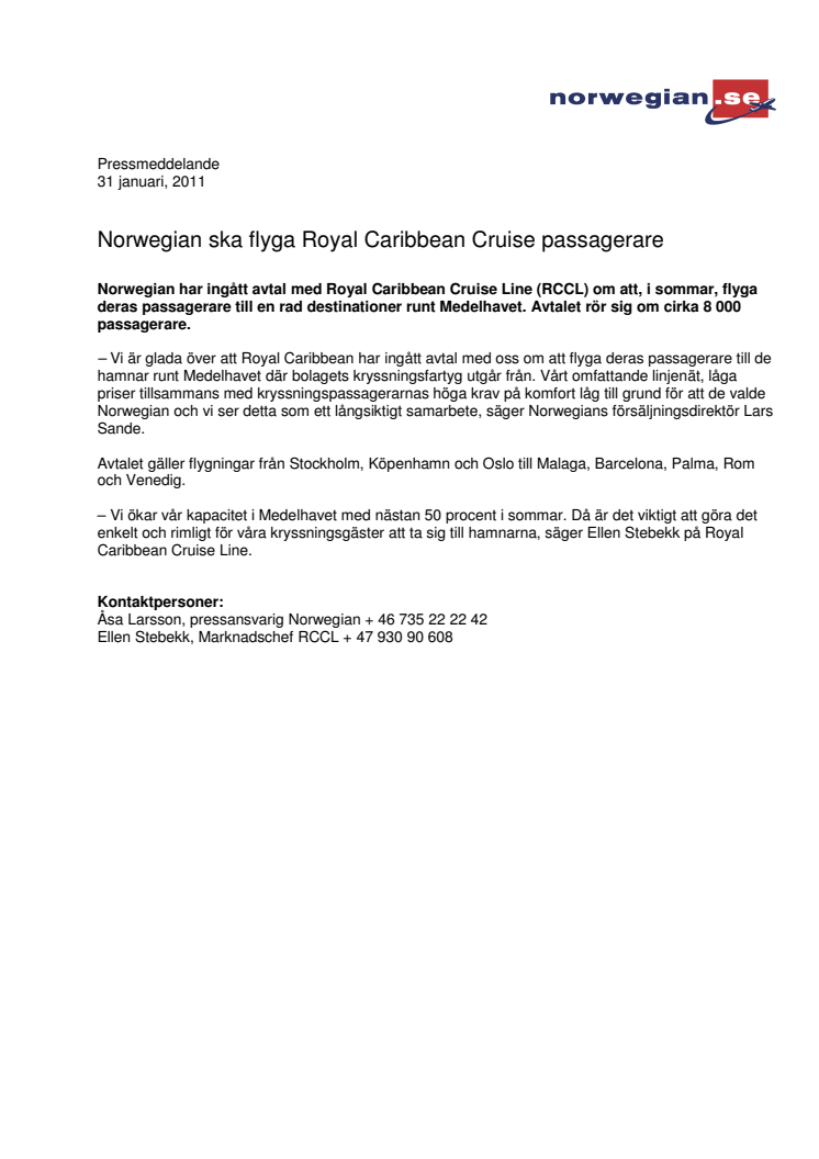 Norwegian ska flyga Royal Caribbean Cruise passagerare