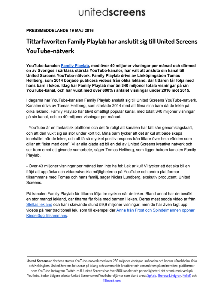 Tittarfavoriten Family Playlab har anslutit sig till United Screens YouTube-nätverk 