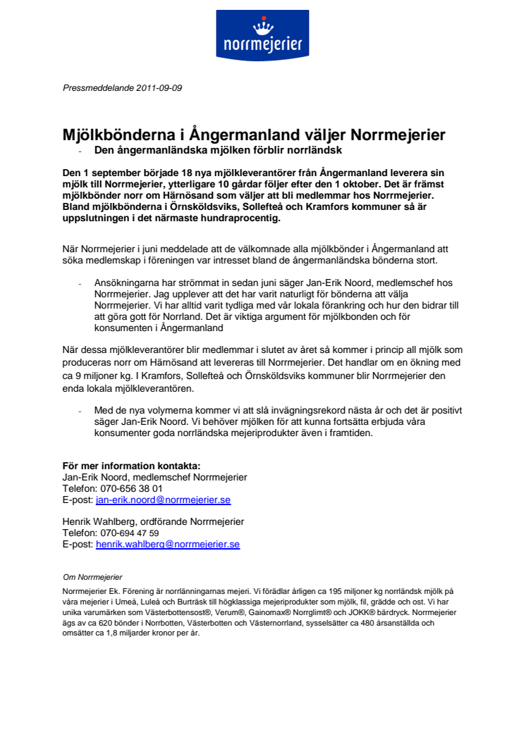 Mjölkbönderna i Ångermanland väljer Norrmejerier - den ångermanländska mjölken förblir norrländsk