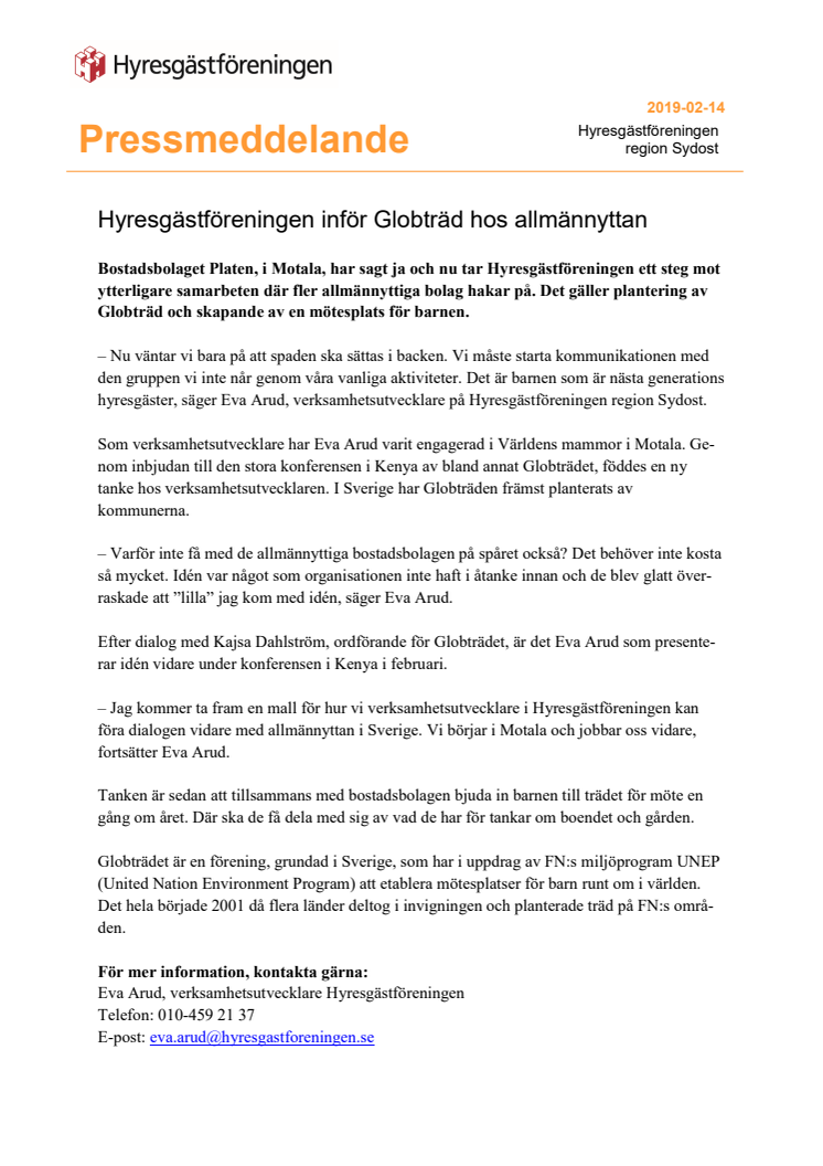 ​Hyresgästföreningen inför Globträd hos allmännyttan