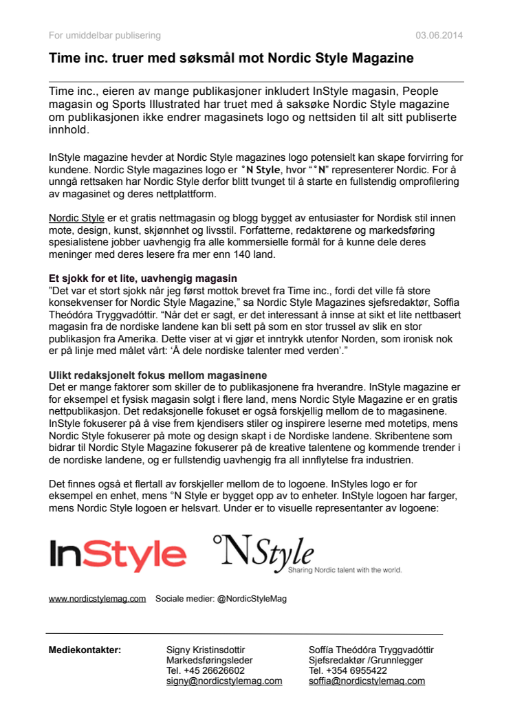 Time inc. truer med søksmål mot Nordic Style Magazine