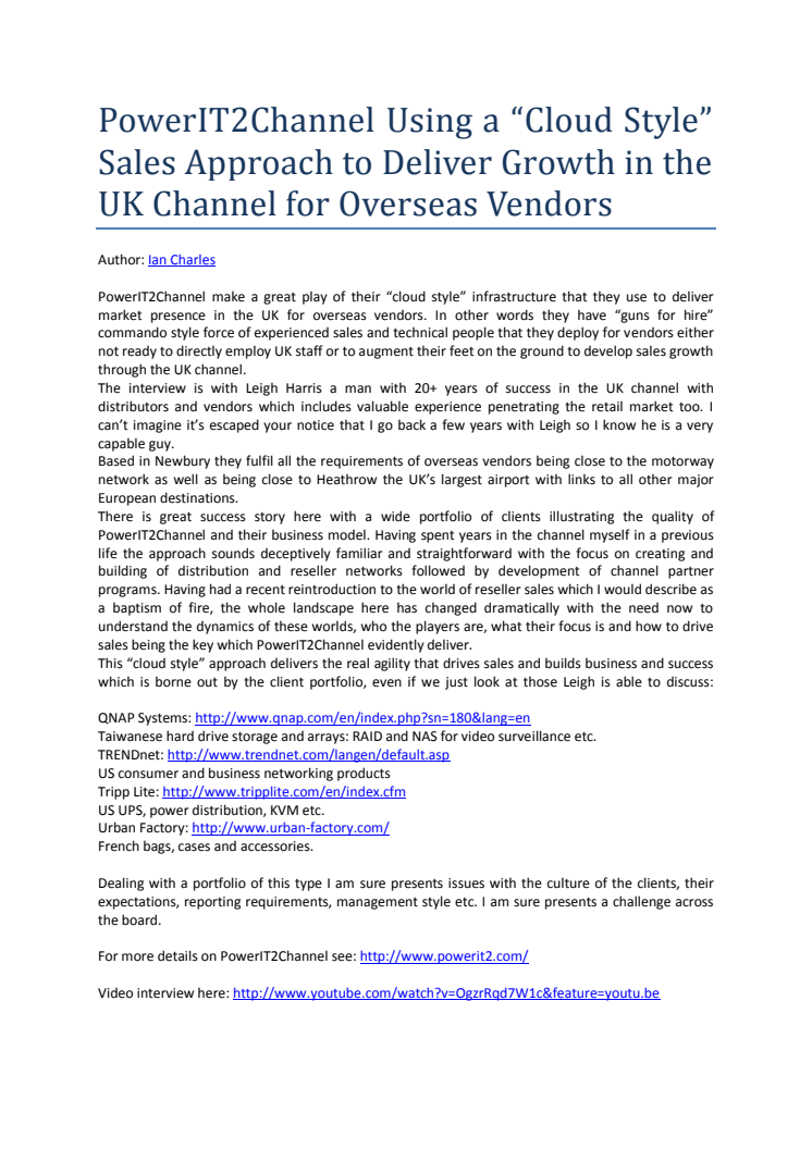 PowerIT2Channel Using a “Cloud Style” Sales Approach to Deliver Growth in the UK Channel for Overseas Vendors