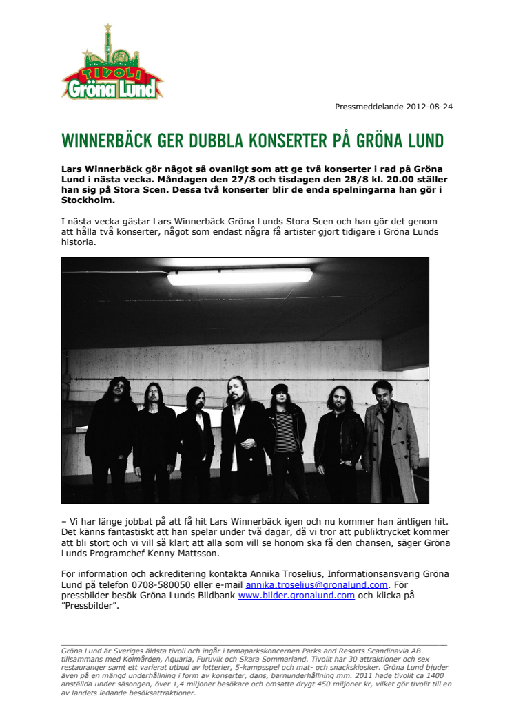Winnerbäck ger dubbla konserter på Gröna Lund