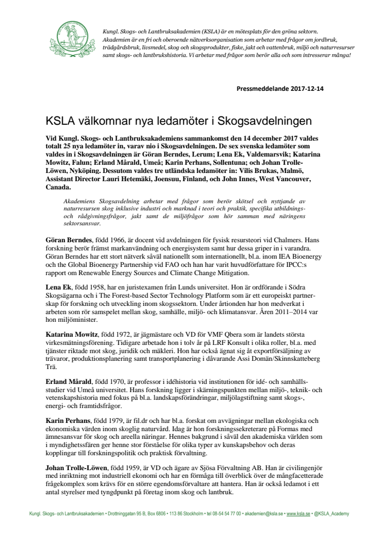 KSLA välkomnar nya ledamöter i Skogsavdelningen