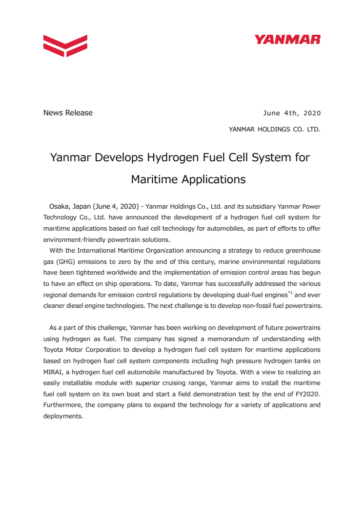 Yanmar Develops Hydrogen Fuel Cell System for Maritime Applications