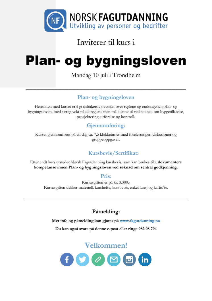 Norsk Fagutdanning AS - Inviterer til kurs i Plan og bygningsloven i Trondheim