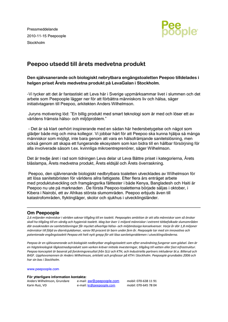 Peepoo utsedd till årets medvetna produkt
