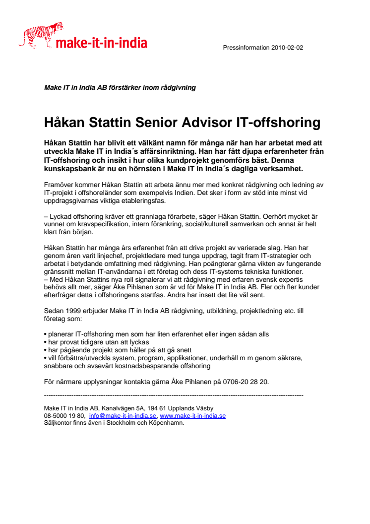 Håkan Stattin Senior Advisor hos Make IT in India AB