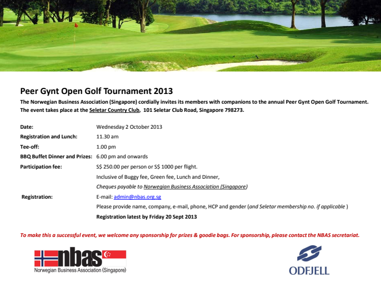 Invitation to the annual Peer Gynt Open Golf Tournament - Wednesday 2 October 2013