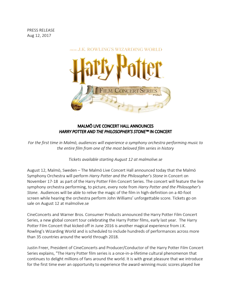 Malmö Live Konserthus och Malmö SymfoniOrkester presenterar:  Harry Potter och De vises sten™ – In Concert 