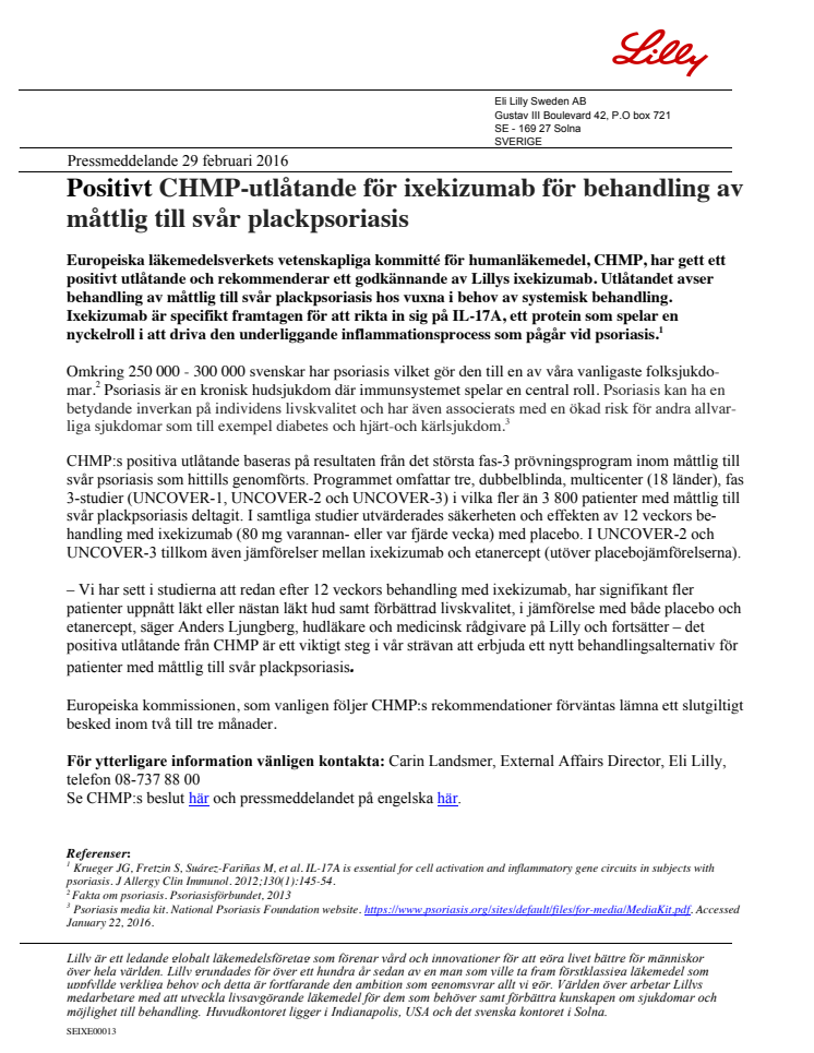 Positivt CHMP-utlåtande för ixekizumab för behandling av måttlig till svår plackpsoriasis