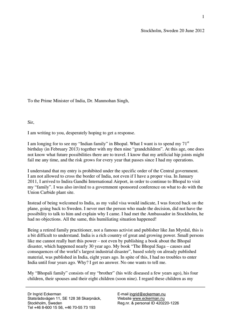 Letter to the Prime Minister of India, June 2012